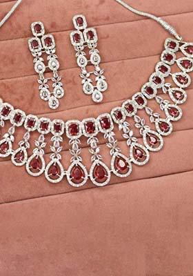 Red Silver Plated Ad Necklace Set