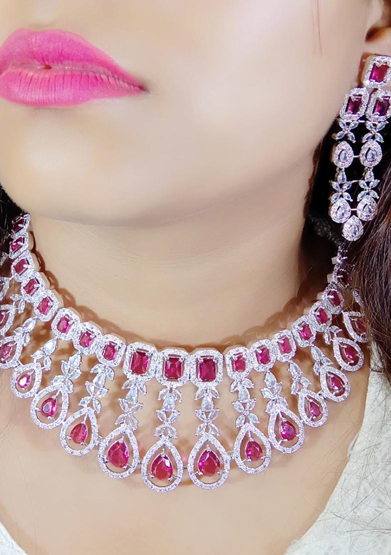 Red Silver Plated Ad Necklace Set