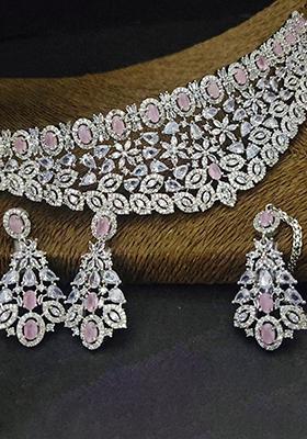 Pink Silver Plated Ad Necklace Set