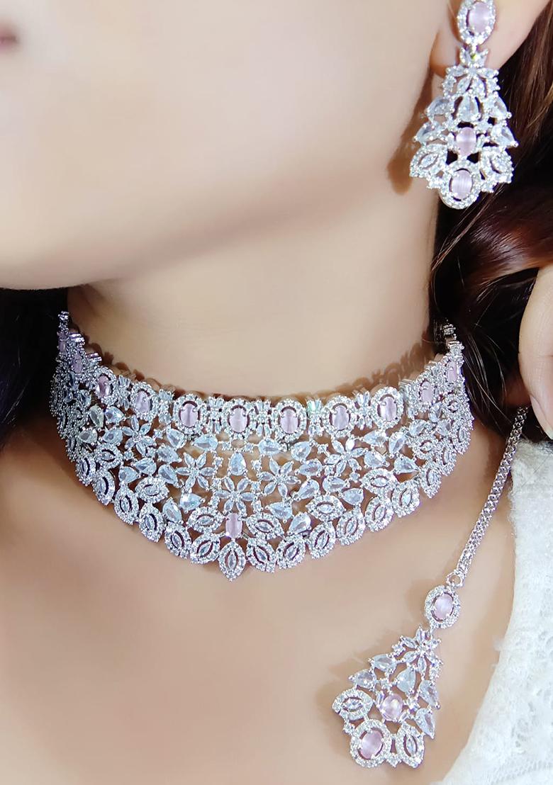 Pink Silver Plated Ad Necklace Set