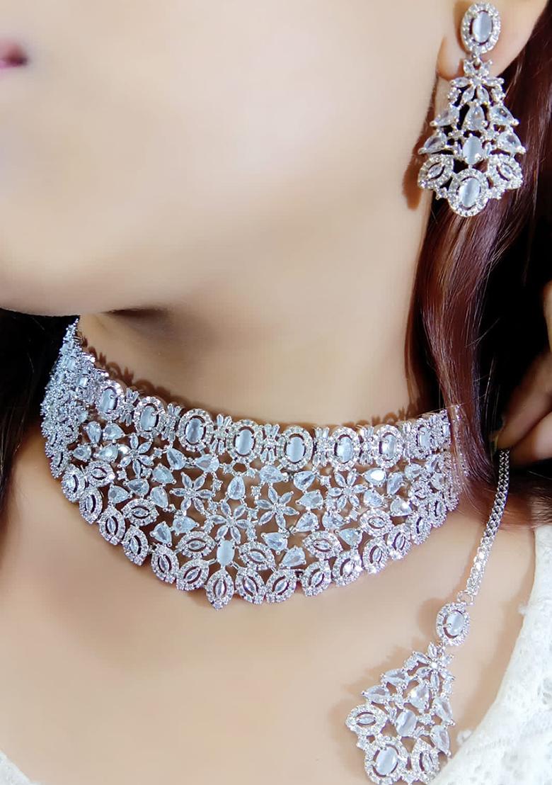Grey Silver Plated Ad Necklace Set