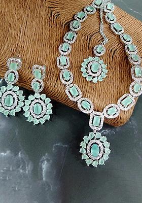 Teal Blue Silver Plated Ad Necklace Set