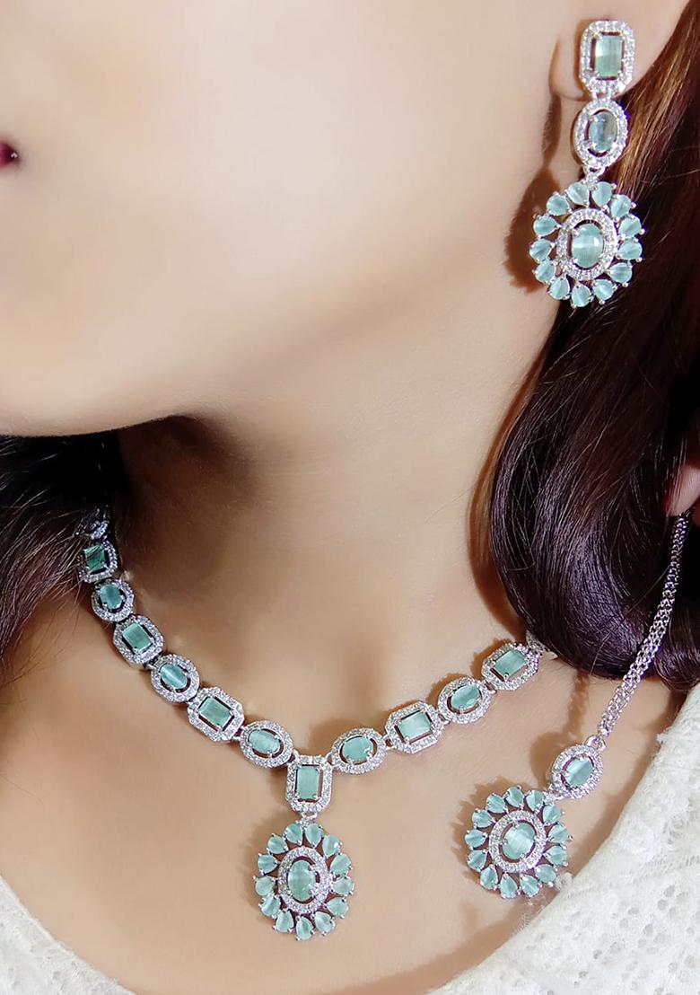 Teal Blue Silver Plated Ad Necklace Set
