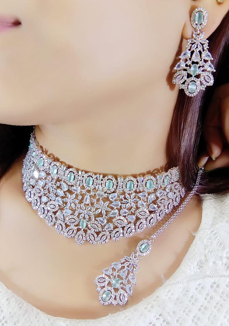 Teal Blue Silver Plated Ad Necklace Set