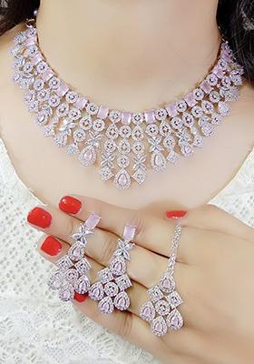 Pink Silver Plated Ad Necklace Set