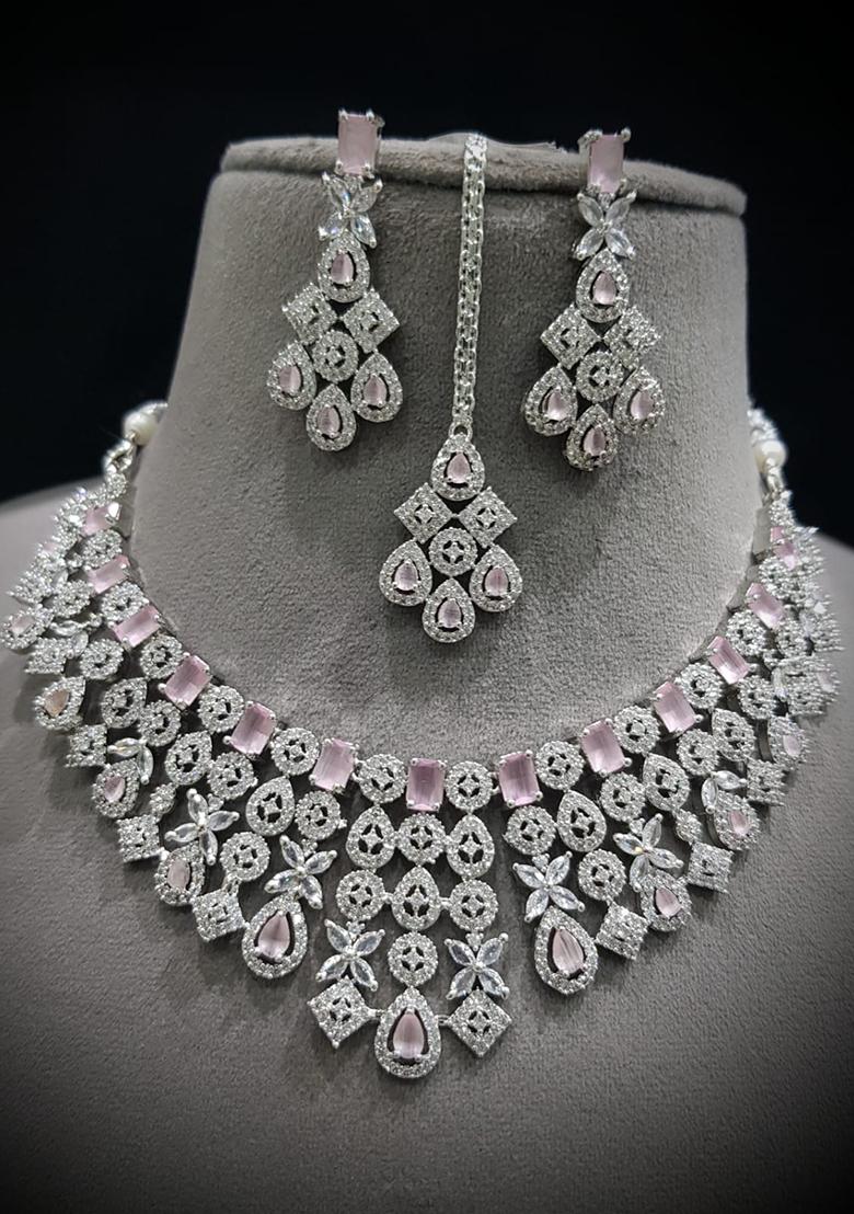 Pink Silver Plated Ad Necklace Set