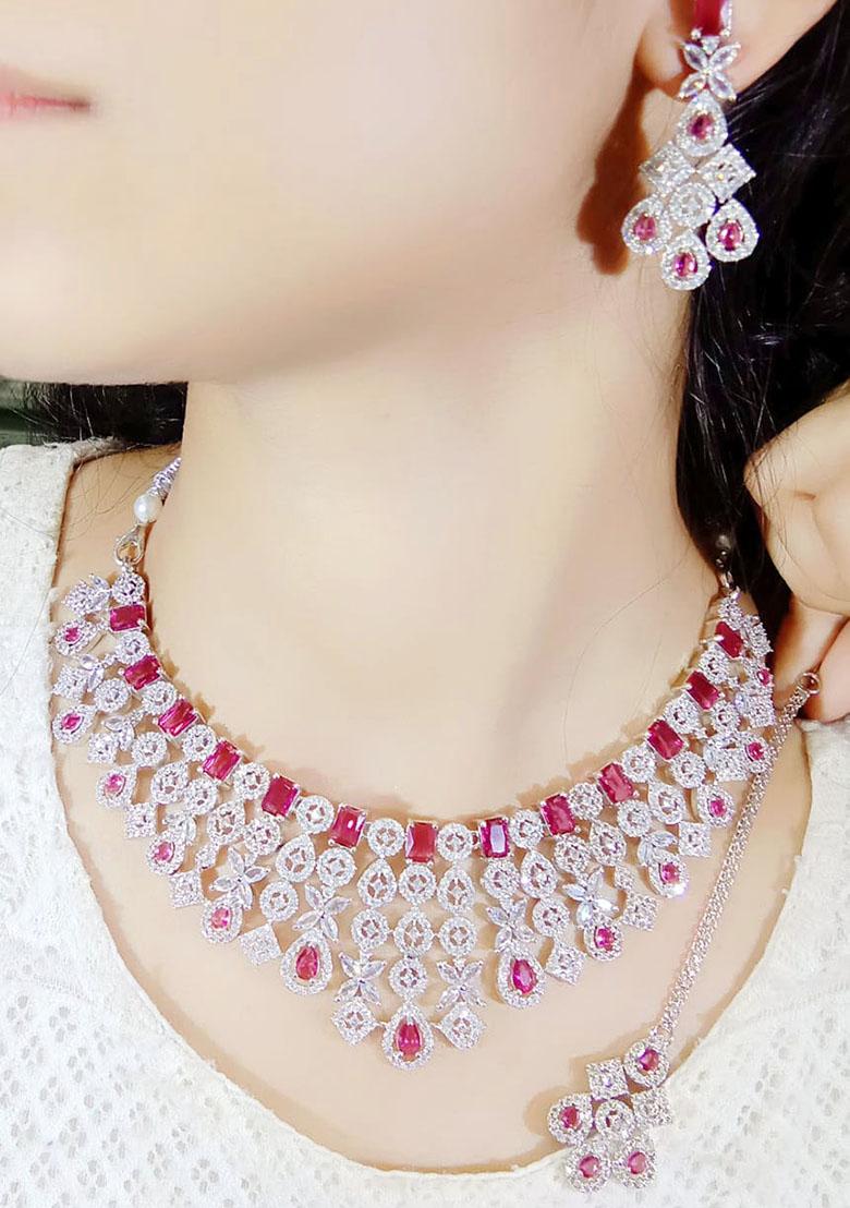 Maroon Silver Plated Ad Necklace Set