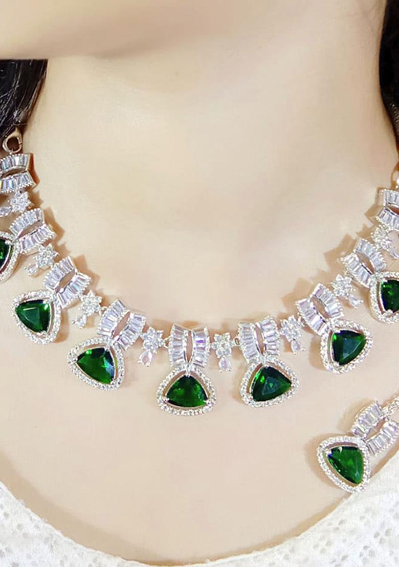 Green Silver Plated Ad Necklace Set