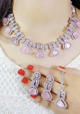Pink Silver Plated Ad Necklace Set