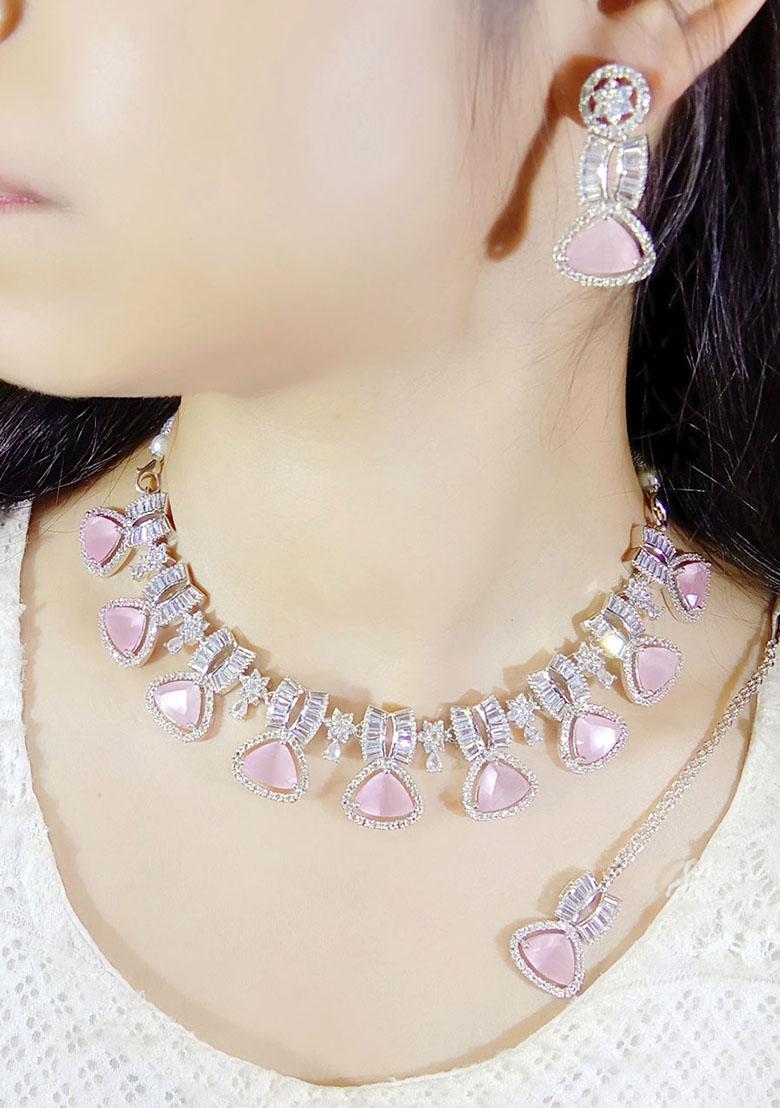 Pink Silver Plated Ad Necklace Set
