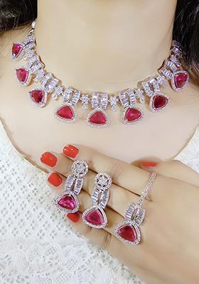 Maroon Silver Plated Ad Necklace Set