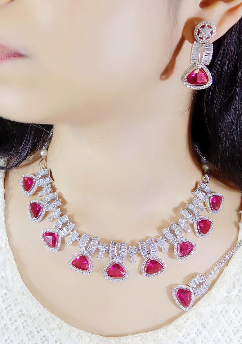 Maroon Silver Plated Ad Necklace Set
