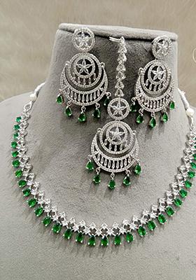 Green Silver Plated Ad Necklace Set