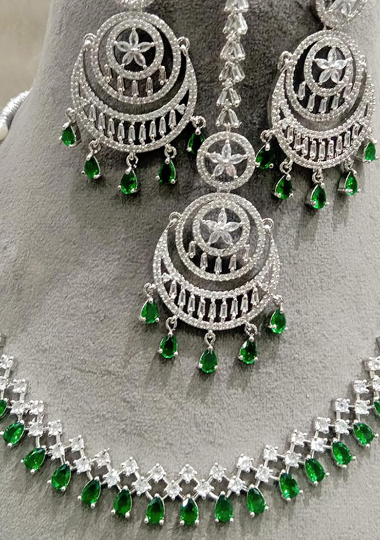 Green Silver Plated Ad Necklace Set