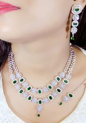 Green Silver Plated Ad Necklace Set