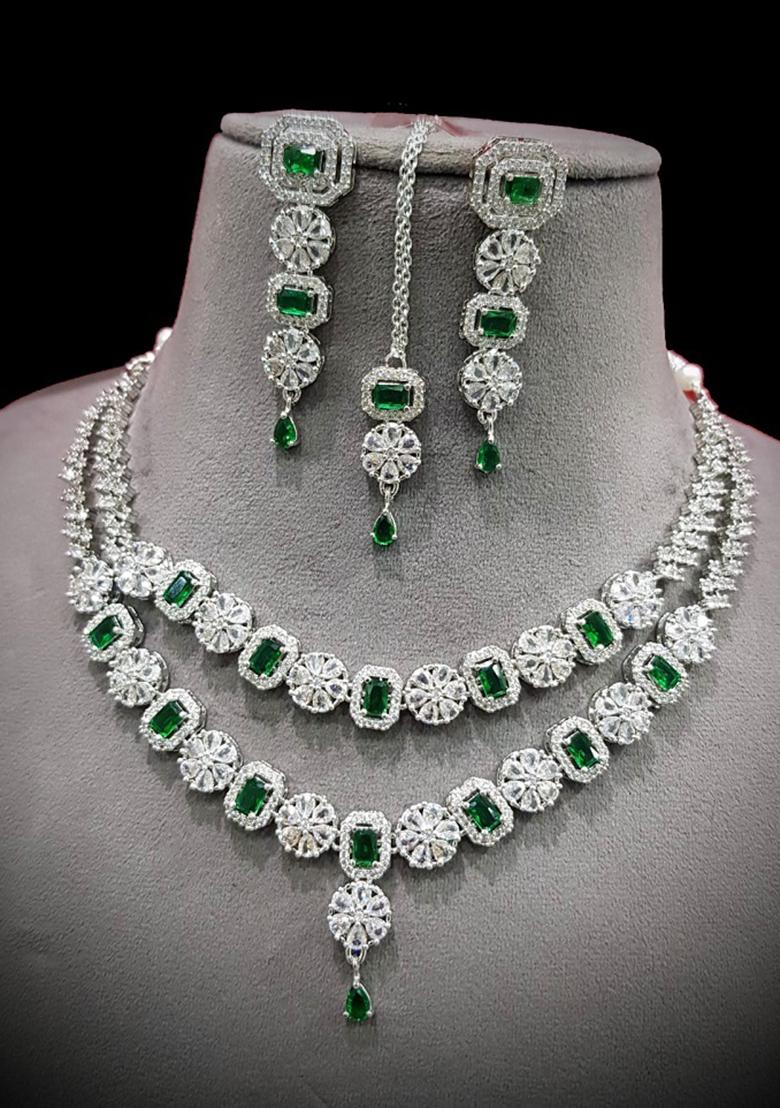 Green Silver Plated Ad Necklace Set