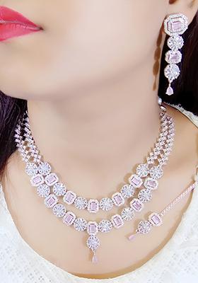 Pink Silver Plated Ad Necklace Set