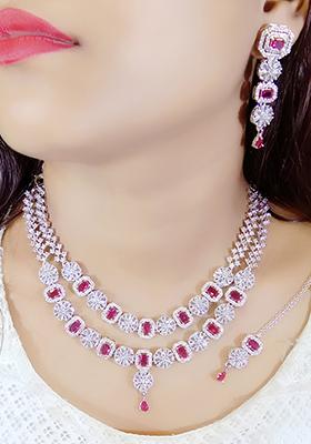 Red Silver Plated Ad Necklace Set