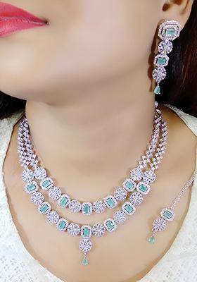 Teal Blue Silver Plated Ad Necklace Set