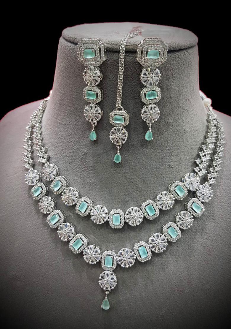 Teal Blue Silver Plated Ad Necklace Set