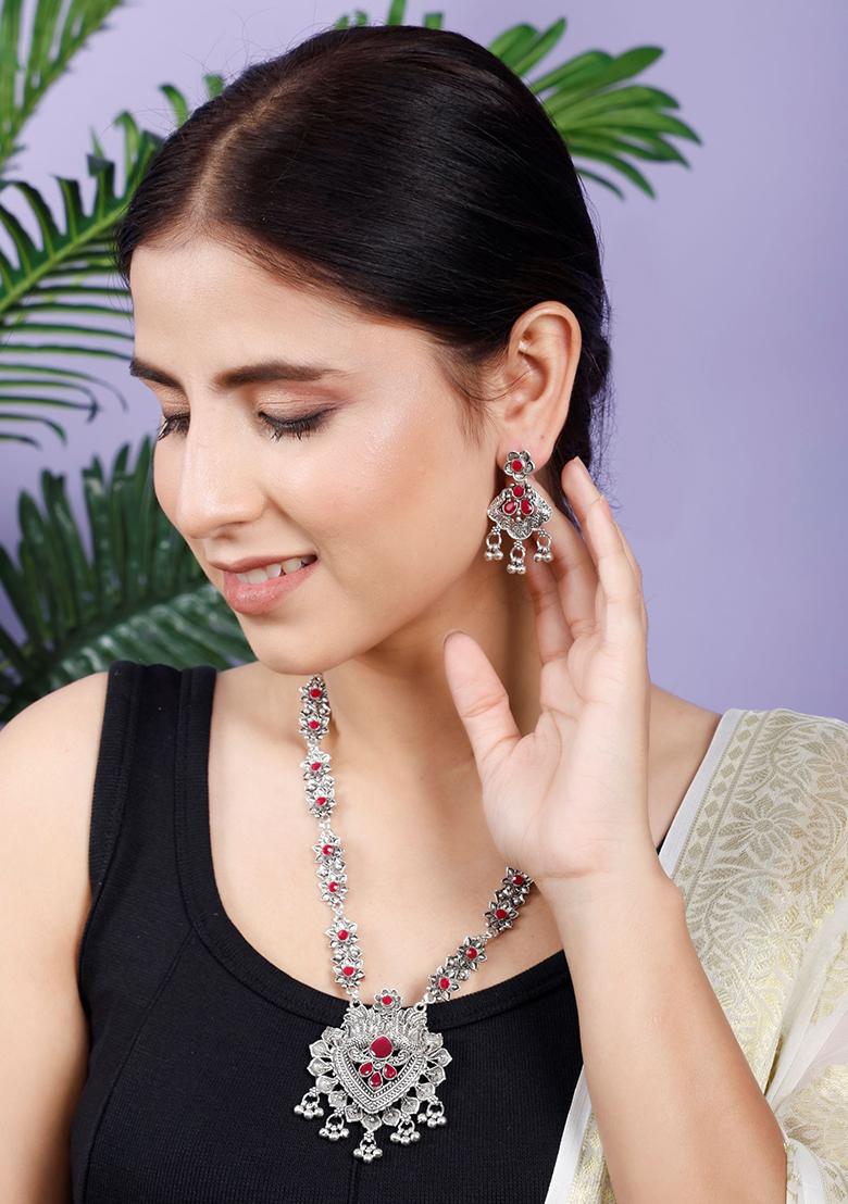 Maroon Silver Plated Alloy Necklace Set