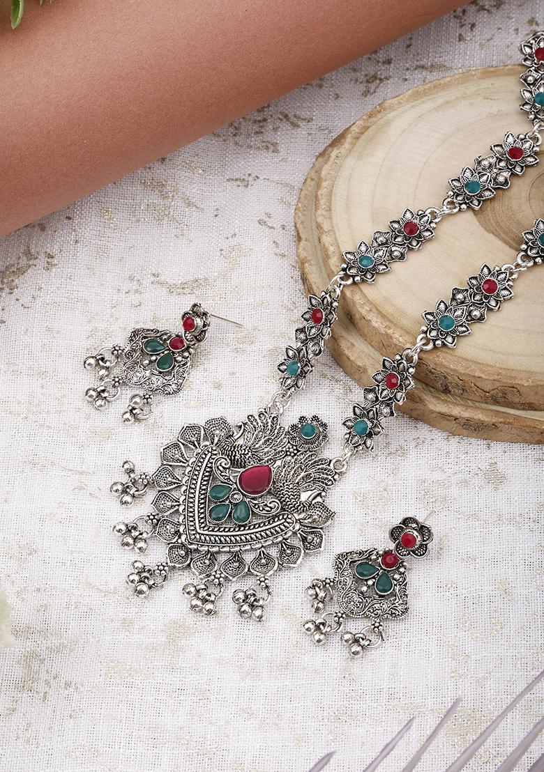 Maroon And Green Silver Plated Alloy Necklace Set