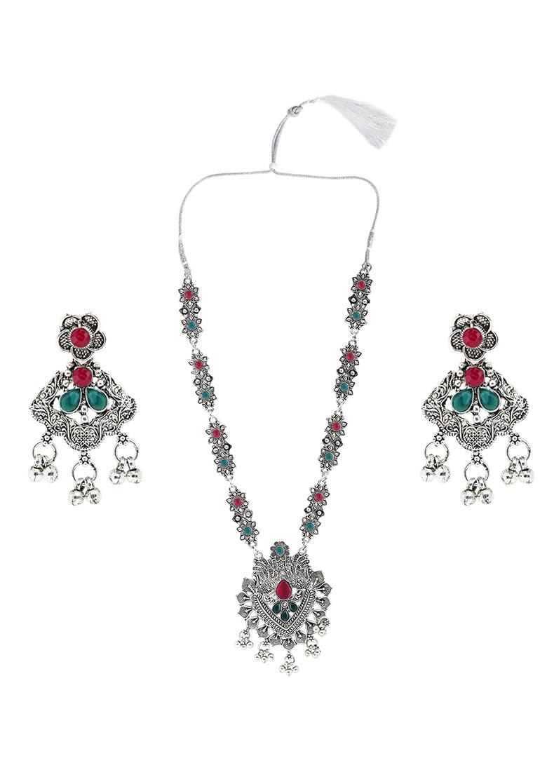 Maroon And Green Silver Plated Alloy Necklace Set