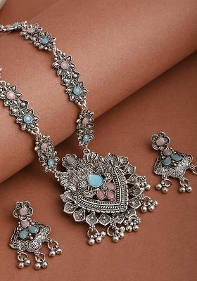 Blue And Pink Silver Plated Alloy Necklace Set