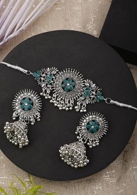 Green Silver Plated Alloy Choker Set
