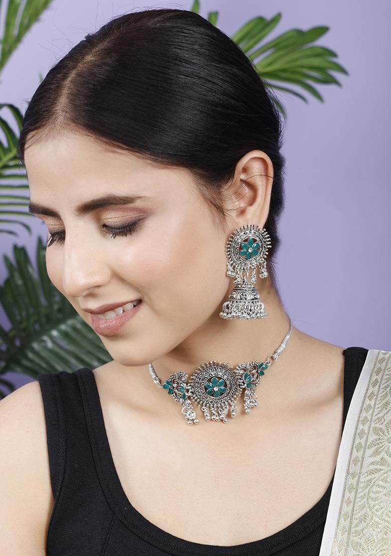 Green Silver Plated Alloy Choker Set