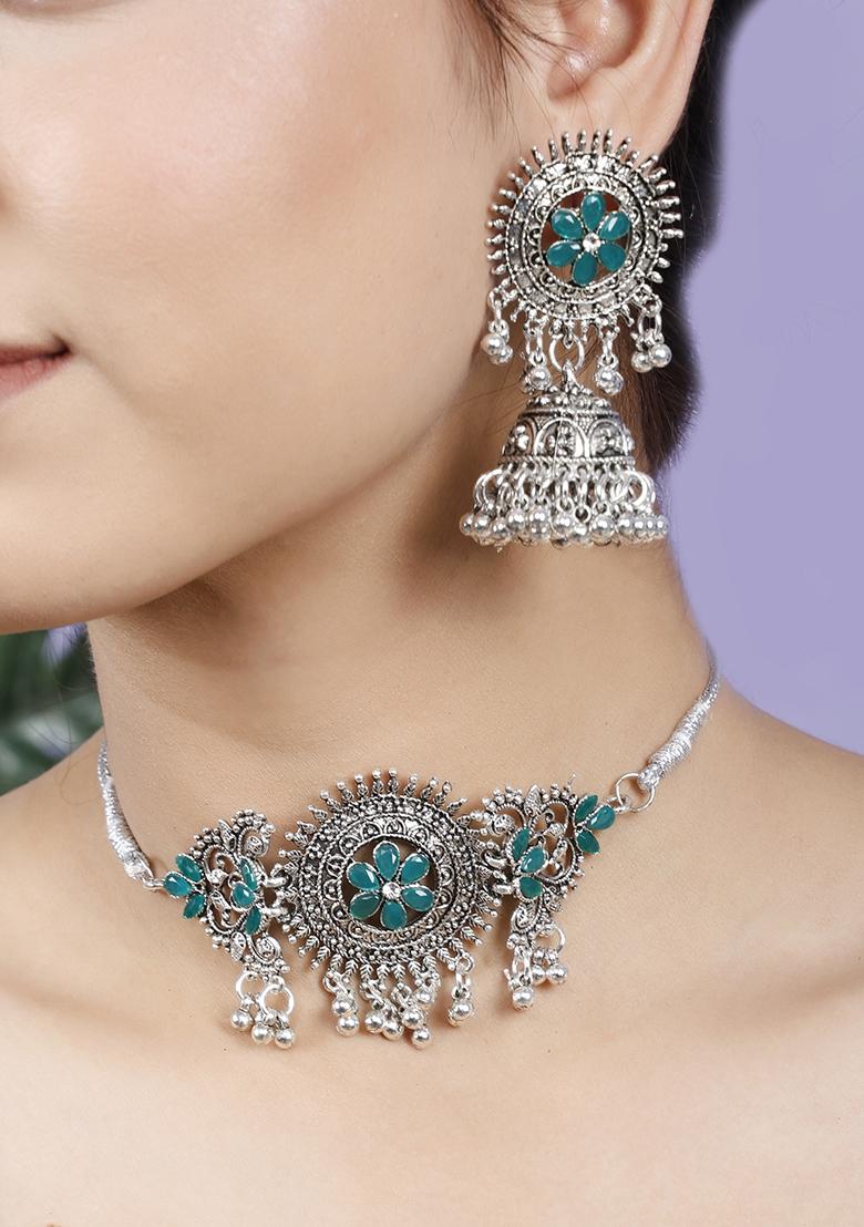 Green Silver Plated Alloy Choker Set