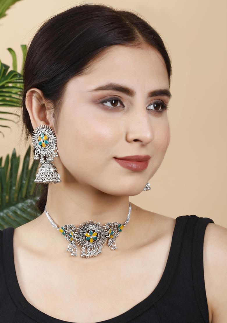 Green And Yellow Silver Plated Alloy Choker Set