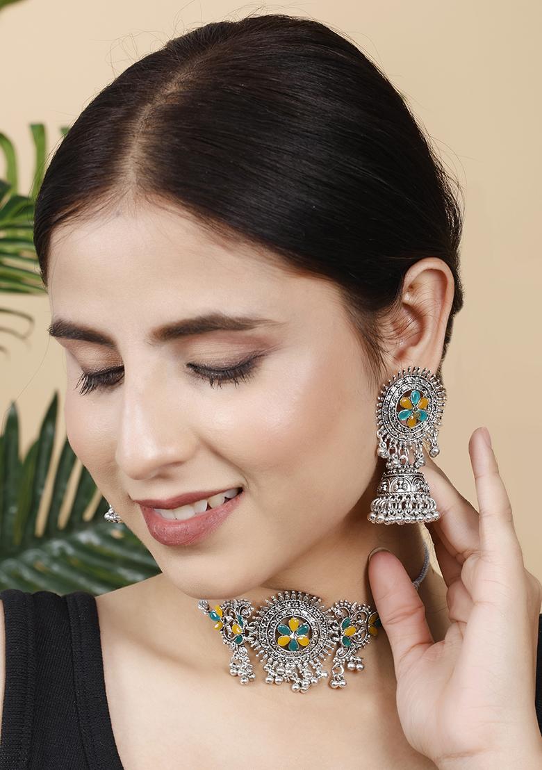 Green And Yellow Silver Plated Alloy Choker Set