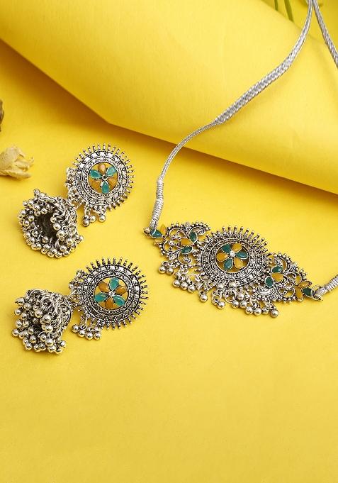 Green And Yellow Silver Plated Alloy Choker Set