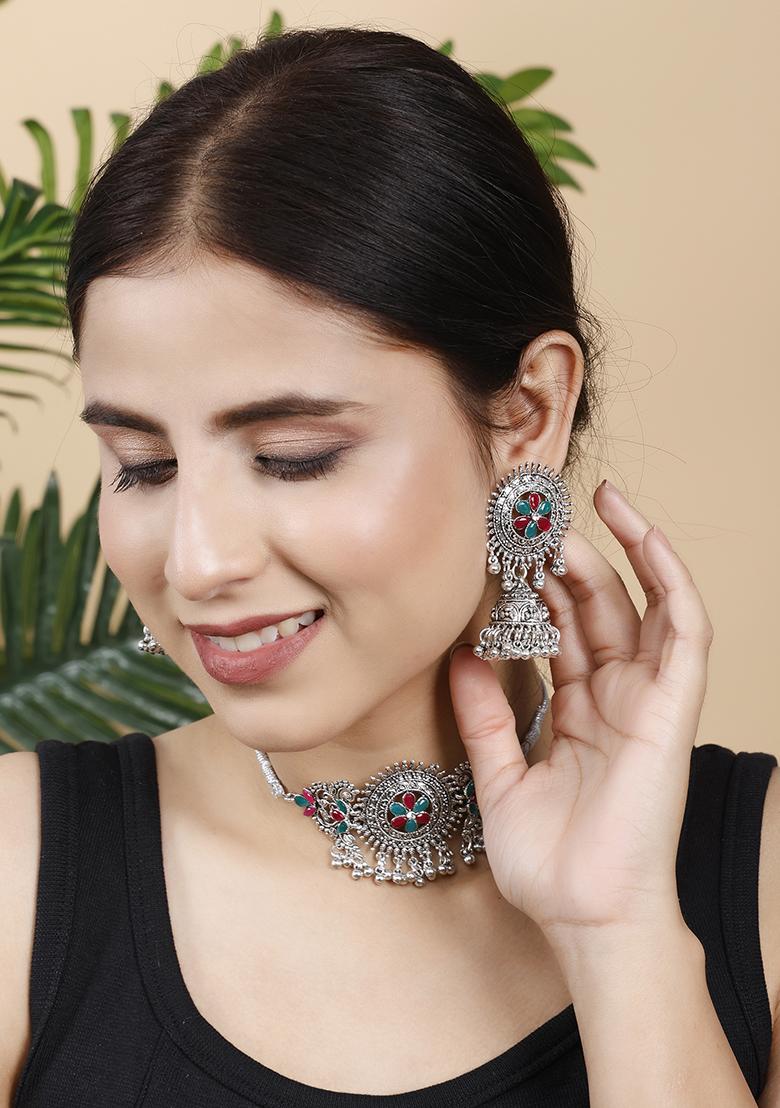 Green And Maroon Silver Plated Alloy Choker Set