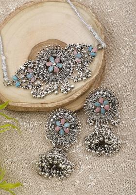 Pink And Blue Silver Plated Alloy Choker Set