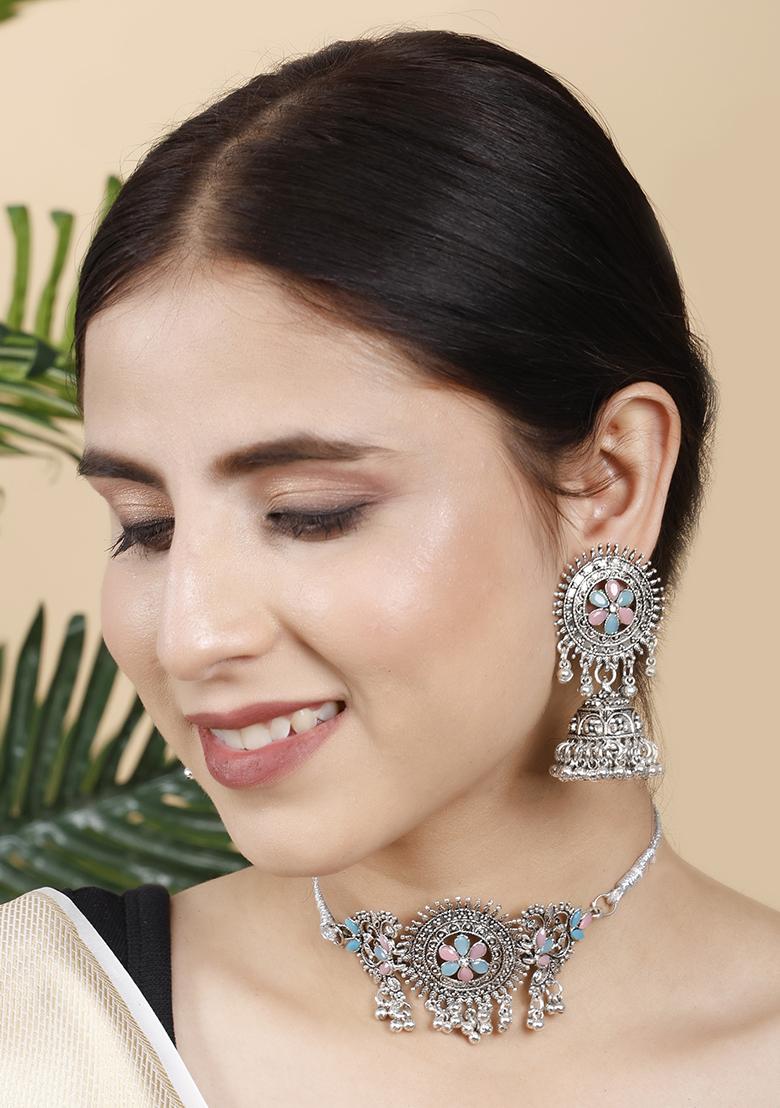 Pink And Blue Silver Plated Alloy Choker Set