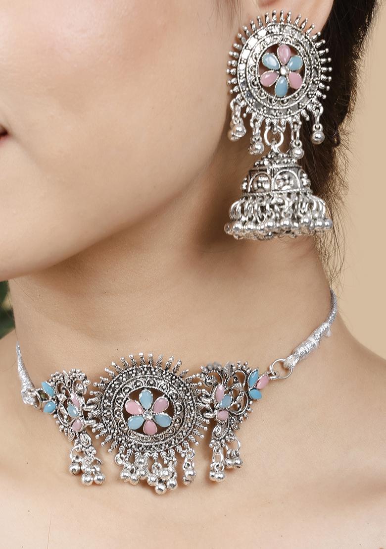 Pink And Blue Silver Plated Alloy Choker Set