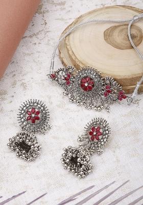 Maroon Silver Plated Alloy Choker Set