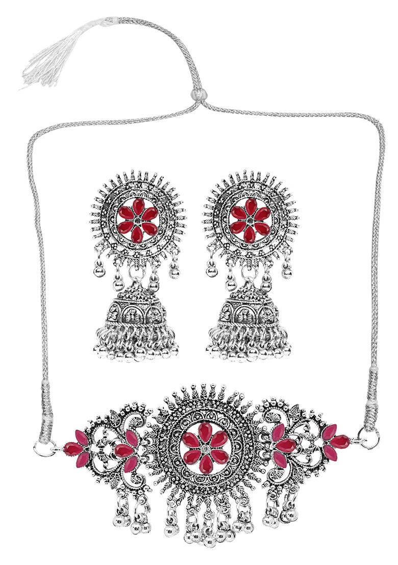 Maroon Silver Plated Alloy Choker Set
