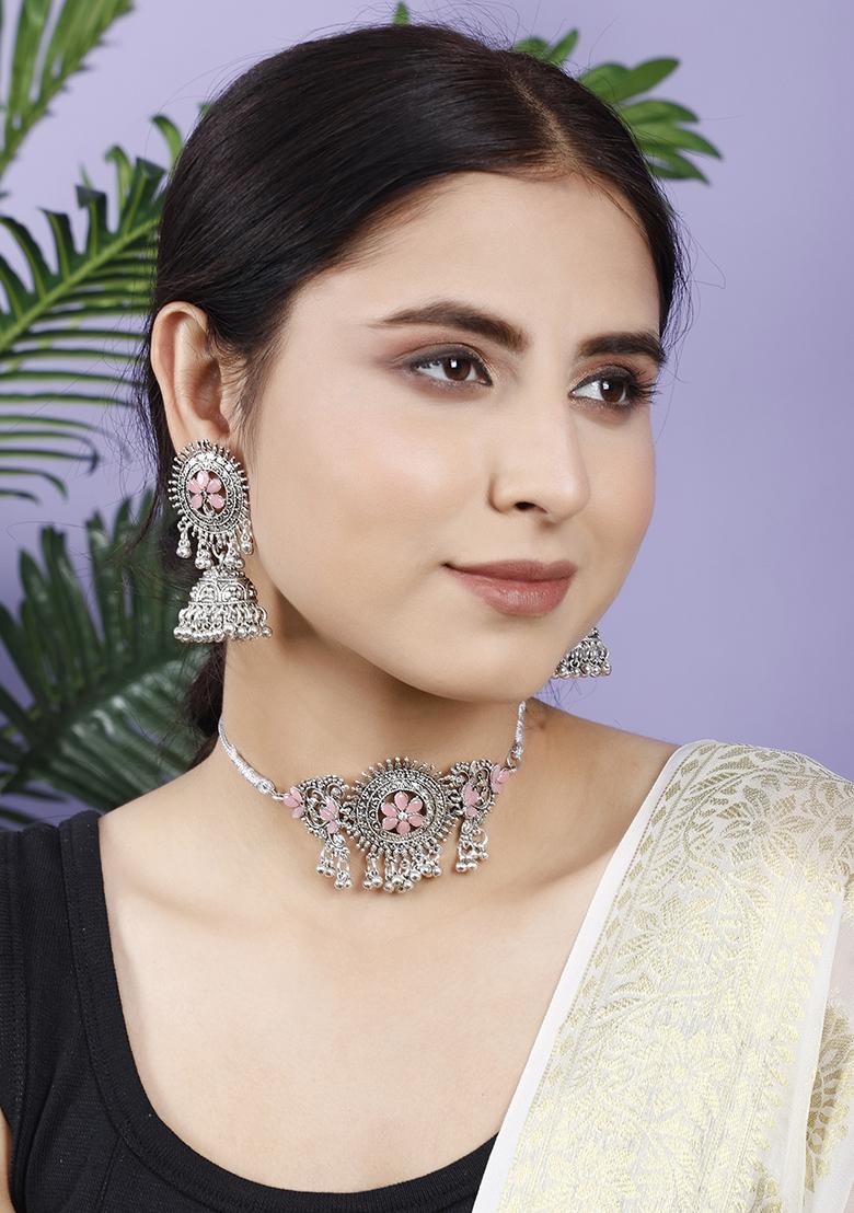 Pink Silver Plated Alloy Choker Set
