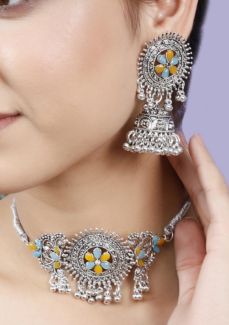 Blue And Yellow Silver Plated Alloy Choker Set