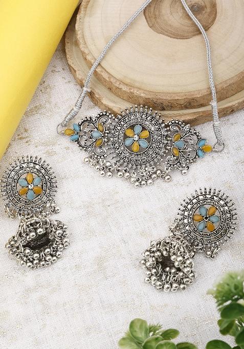 Blue And Yellow Silver Plated Alloy Choker Set