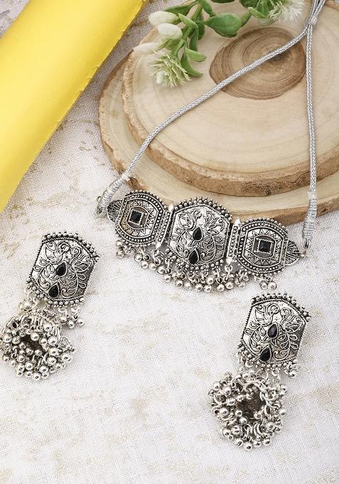 Black Silver Plated Alloy Choker Set