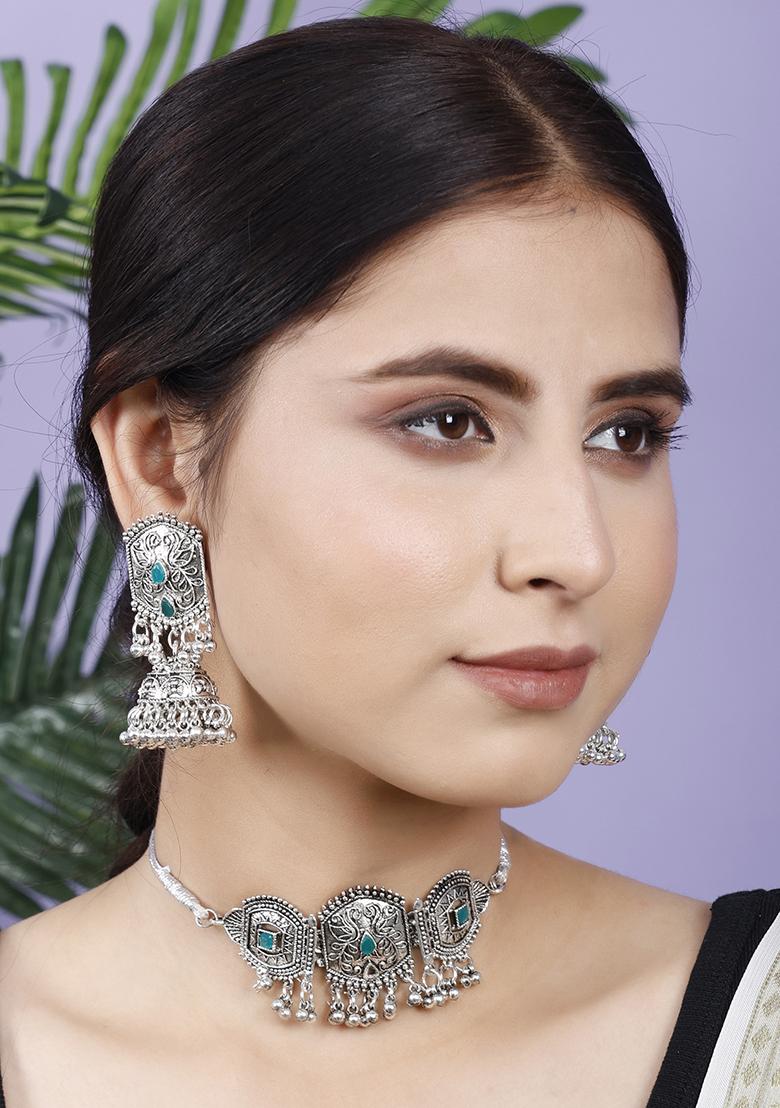 Green Silver Plated Alloy Choker Set