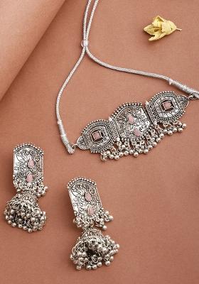 Pink Silver Plated Alloy Choker Set