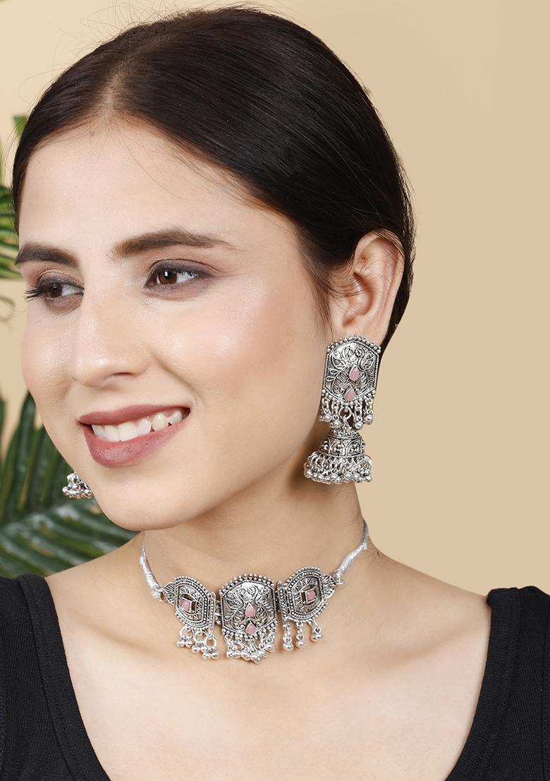 Pink Silver Plated Alloy Choker Set