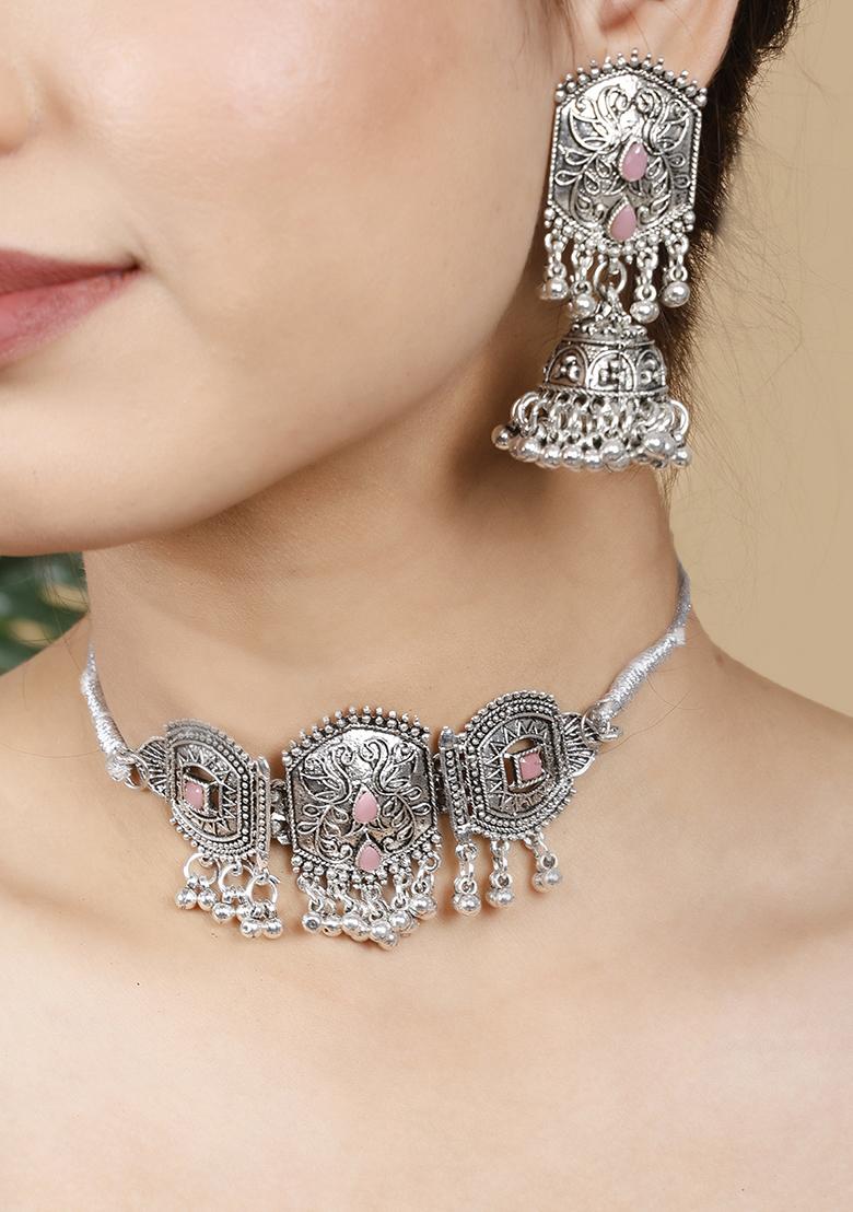 Pink Silver Plated Alloy Choker Set