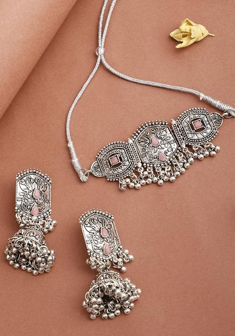 Pink Silver Plated Alloy Choker Set
