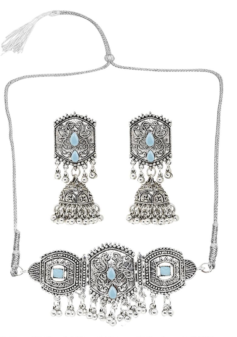 Blue Silver Plated Alloy Choker Set
